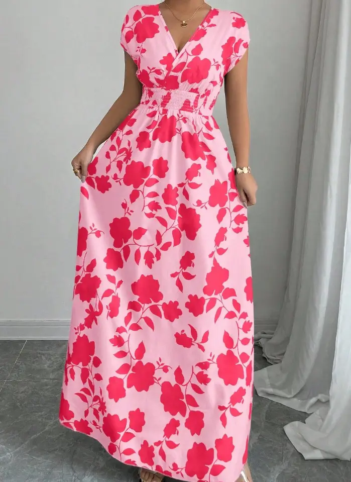 Short-sleeved Lace-up dress Amazon New Printed V-neck Long Dress Cross-border Summer Waist Women's Wear — feature 19
