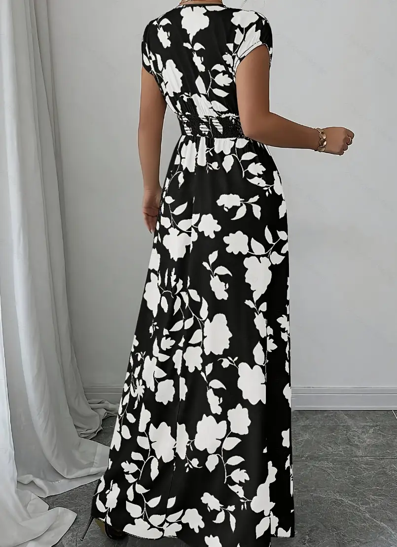 Short-sleeved Lace-up dress Amazon New Printed V-neck Long Dress Cross-border Summer Waist Women's Wear — feature 21