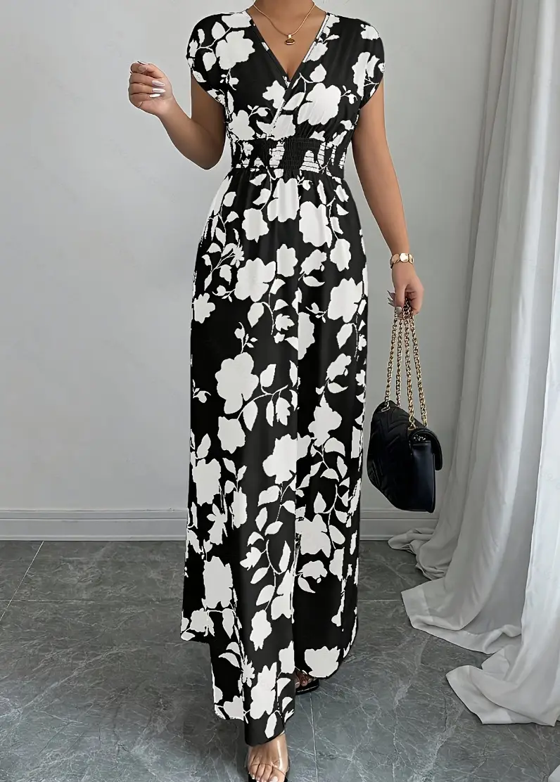 Short-sleeved Lace-up dress Amazon New Printed V-neck Long Dress Cross-border Summer Waist Women's Wear — feature 22