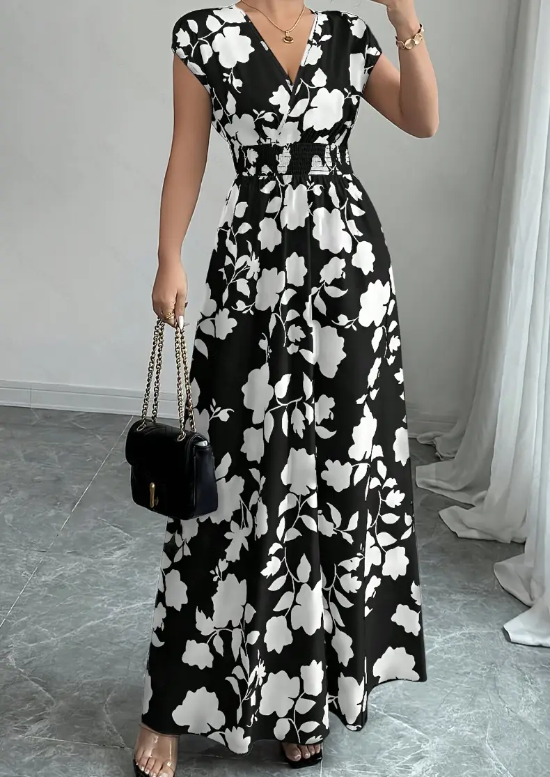 Short-sleeved Lace-up dress Amazon New Printed V-neck Long Dress Cross-border Summer Waist Women's Wear — feature 24