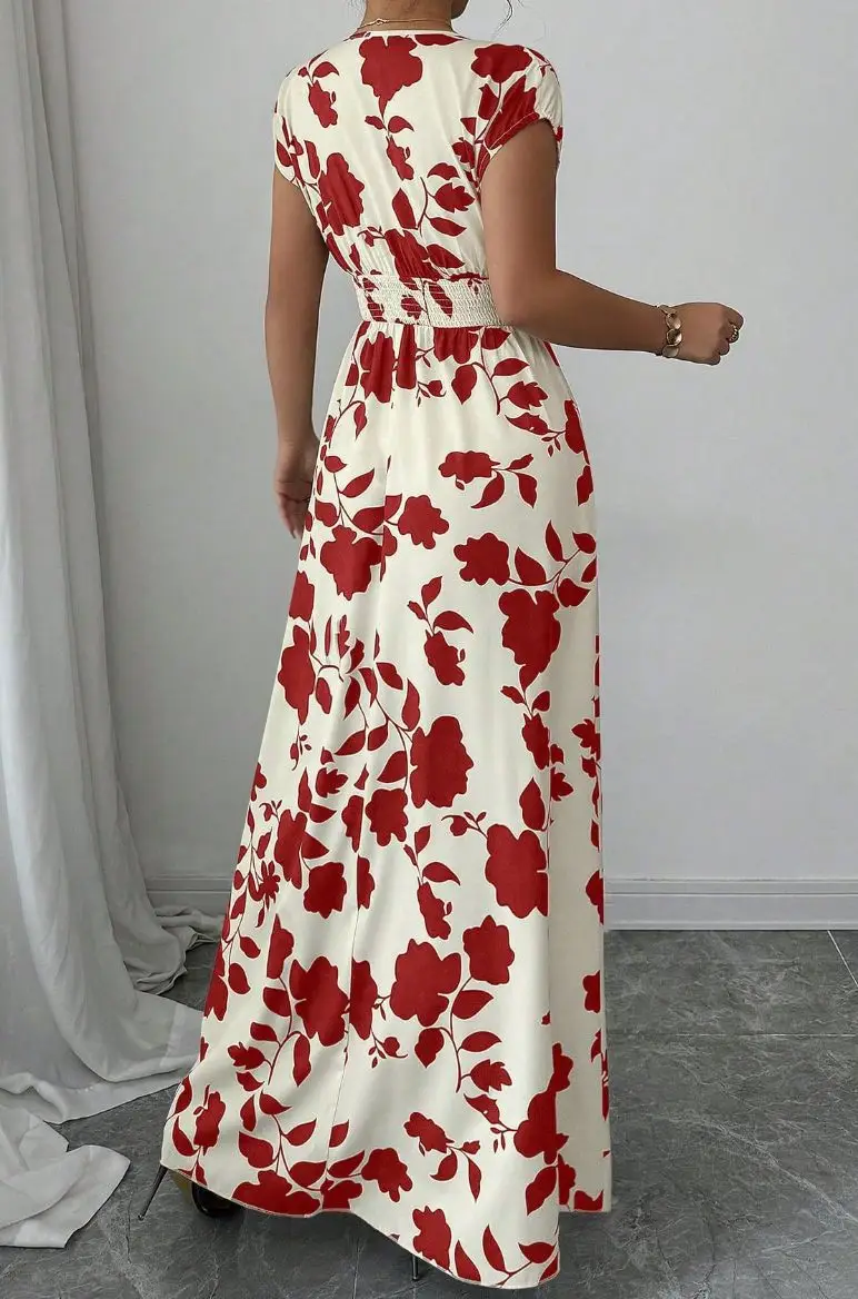 Short-sleeved Lace-up dress Amazon New Printed V-neck Long Dress Cross-border Summer Waist Women's Wear — feature 25