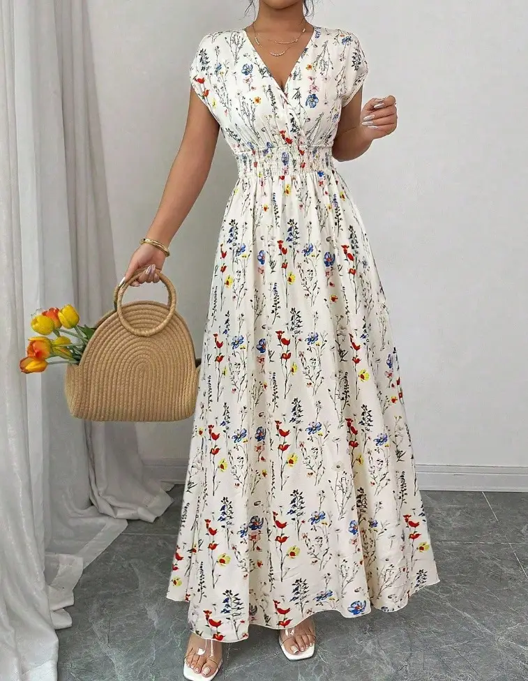 Short-sleeved Lace-up dress Amazon New Printed V-neck Long Dress Cross-border Summer Waist Women's Wear — feature 28