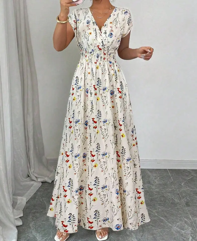 Short-sleeved Lace-up dress Amazon New Printed V-neck Long Dress Cross-border Summer Waist Women's Wear — feature 30