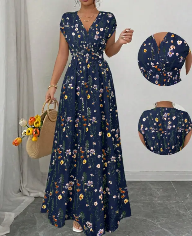 Short-sleeved Lace-up dress Amazon New Printed V-neck Long Dress Cross-border Summer Waist Women's Wear — feature 31