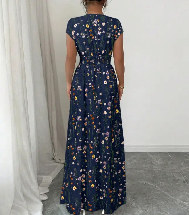 Short-sleeved Lace-up dress Amazon New Printed V-neck Long Dress Cross-border Summer Waist Women's Wear — feature 32