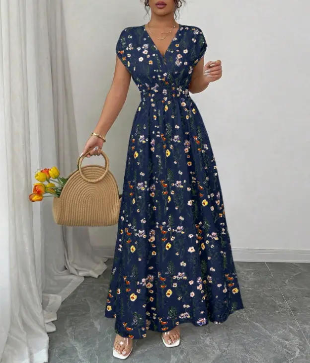 Short-sleeved Lace-up dress Amazon New Printed V-neck Long Dress Cross-border Summer Waist Women's Wear — feature 33