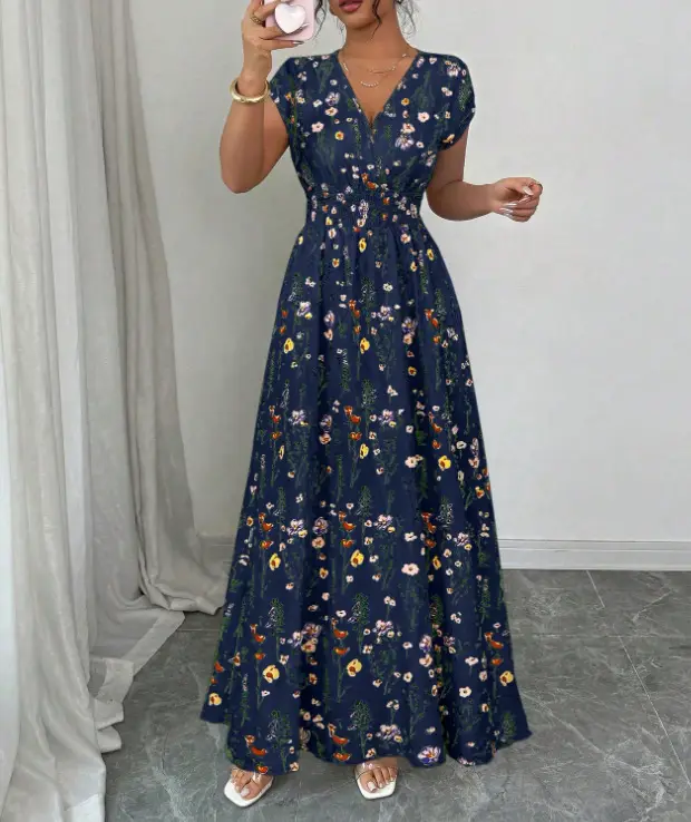 Short-sleeved Lace-up dress Amazon New Printed V-neck Long Dress Cross-border Summer Waist Women's Wear — feature 34