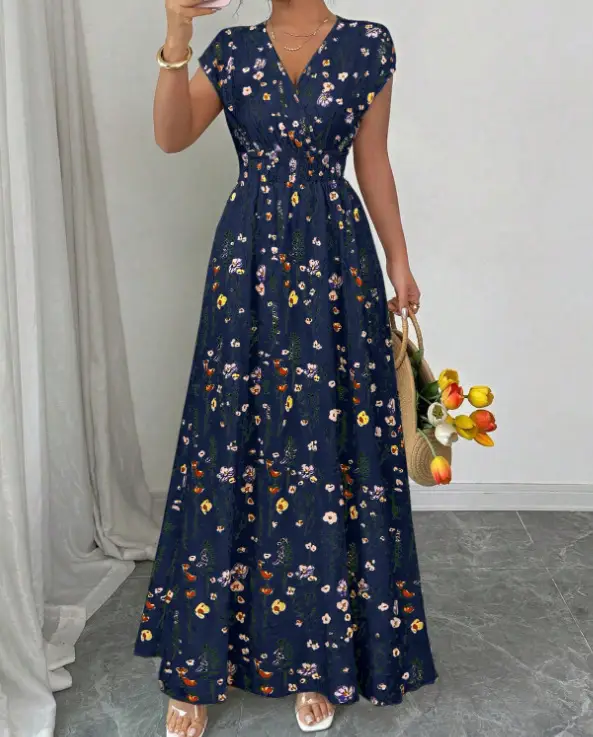 Short-sleeved Lace-up dress Amazon New Printed V-neck Long Dress Cross-border Summer Waist Women's Wear — feature 35