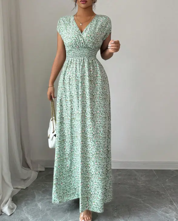Short-sleeved Lace-up dress Amazon New Printed V-neck Long Dress Cross-border Summer Waist Women's Wear — feature 36