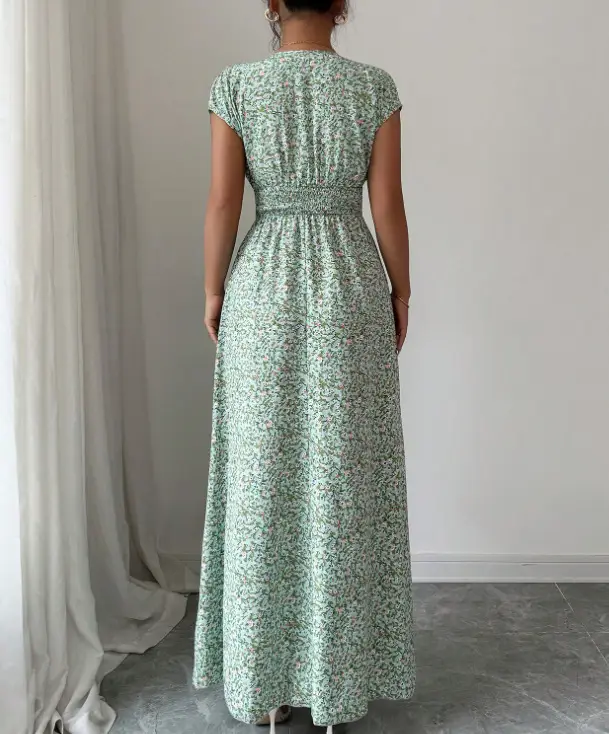 Short-sleeved Lace-up dress Amazon New Printed V-neck Long Dress Cross-border Summer Waist Women's Wear — feature 37