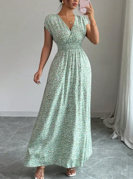 Short-sleeved Lace-up dress Amazon New Printed V-neck Long Dress Cross-border Summer Waist Women's Wear — feature 38