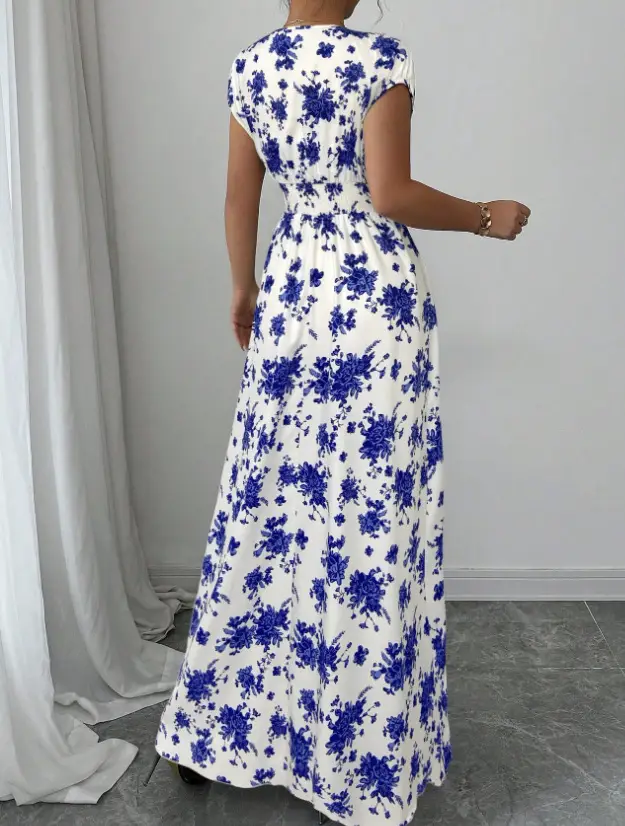 Short-sleeved Lace-up dress Amazon New Printed V-neck Long Dress Cross-border Summer Waist Women's Wear — feature 39