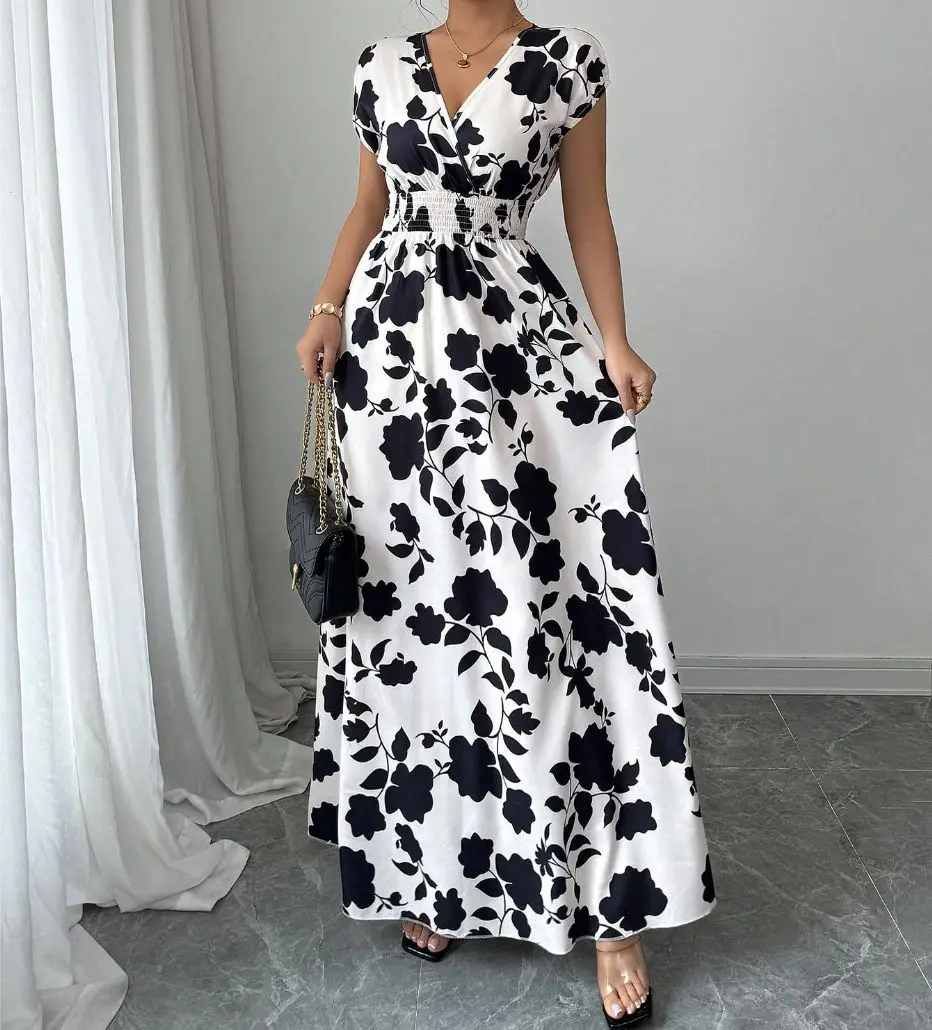 Short-sleeved Lace-up dress Amazon New Printed V-neck Long Dress Cross-border Summer Waist Women's Wear — feature 4