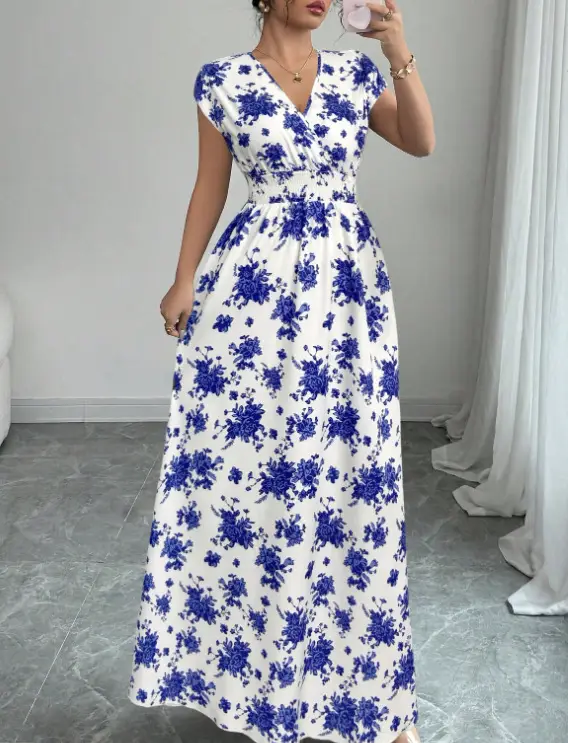 Short-sleeved Lace-up dress Amazon New Printed V-neck Long Dress Cross-border Summer Waist Women's Wear — feature 40