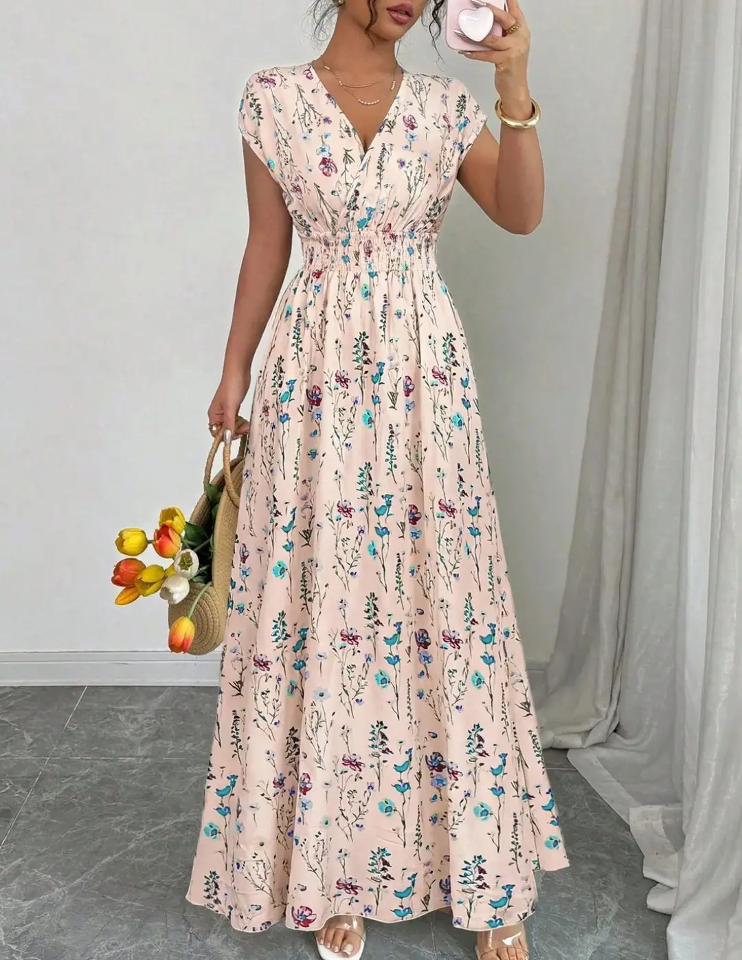 Short-sleeved Lace-up dress Amazon New Printed V-neck Long Dress Cross-border Summer Waist Women's Wear — feature 43