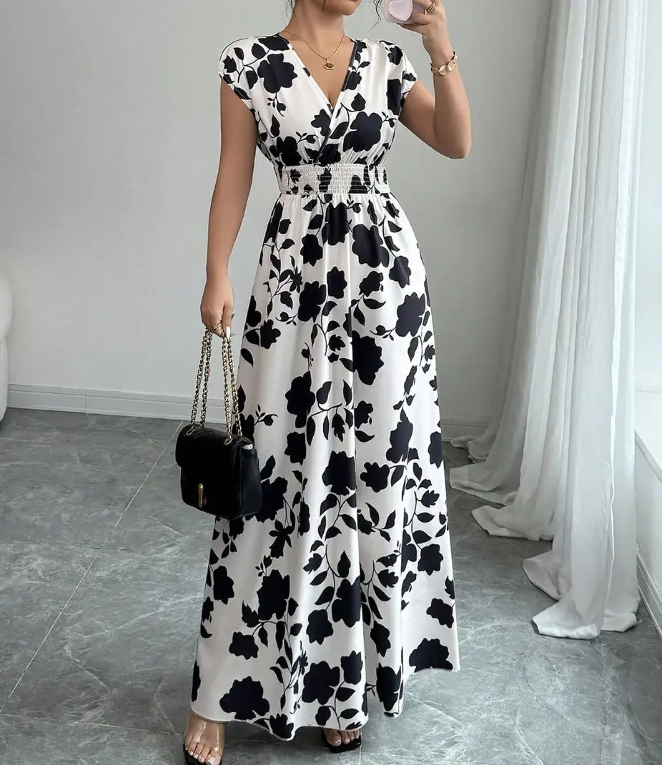Short-sleeved Lace-up dress Amazon New Printed V-neck Long Dress Cross-border Summer Waist Women's Wear — feature 6