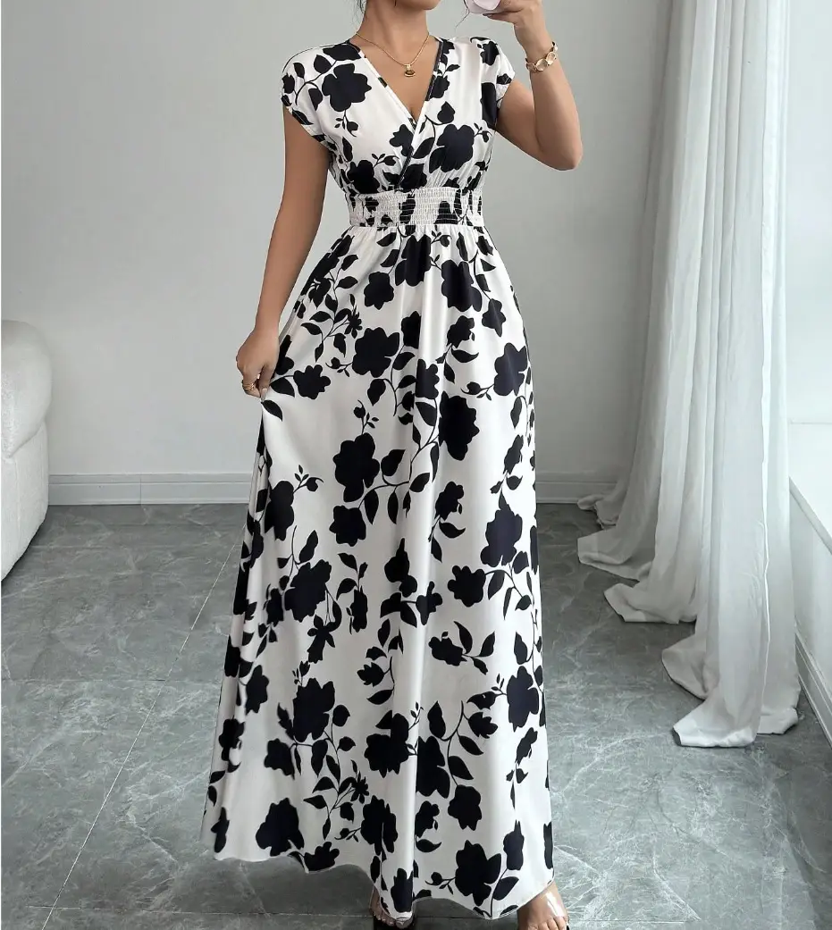Short-sleeved Lace-up dress Amazon New Printed V-neck Long Dress Cross-border Summer Waist Women's Wear — feature 7