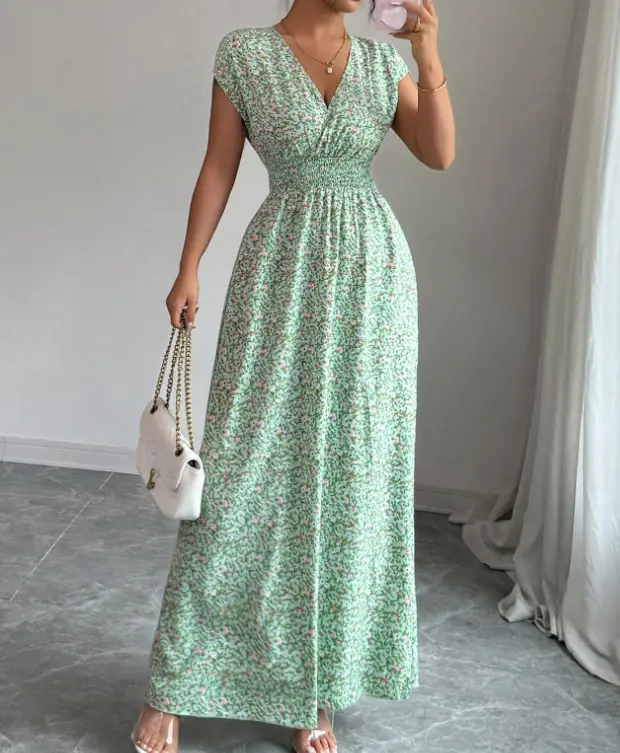 Short-sleeved Lace-up dress Amazon New Printed V-neck Long Dress Cross-border Summer Waist Women's Wear