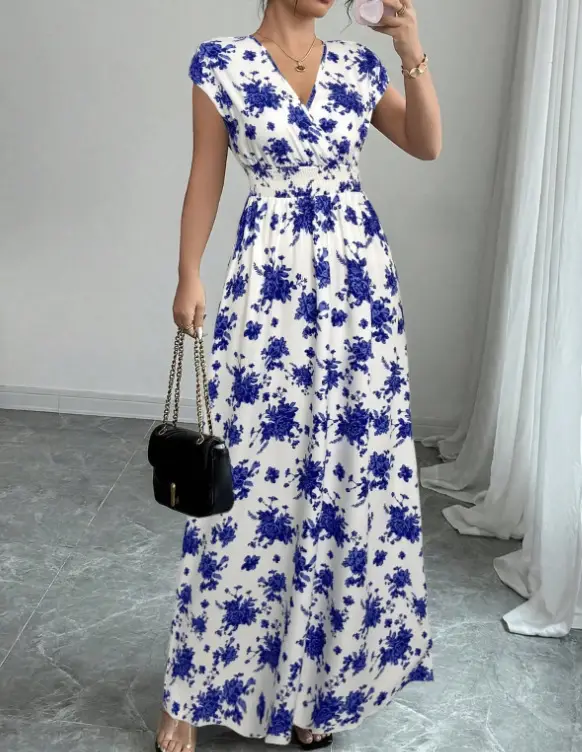 Short-sleeved Lace-up dress Amazon New Printed V-neck Long Dress Cross-border Summer Waist Women's Wear