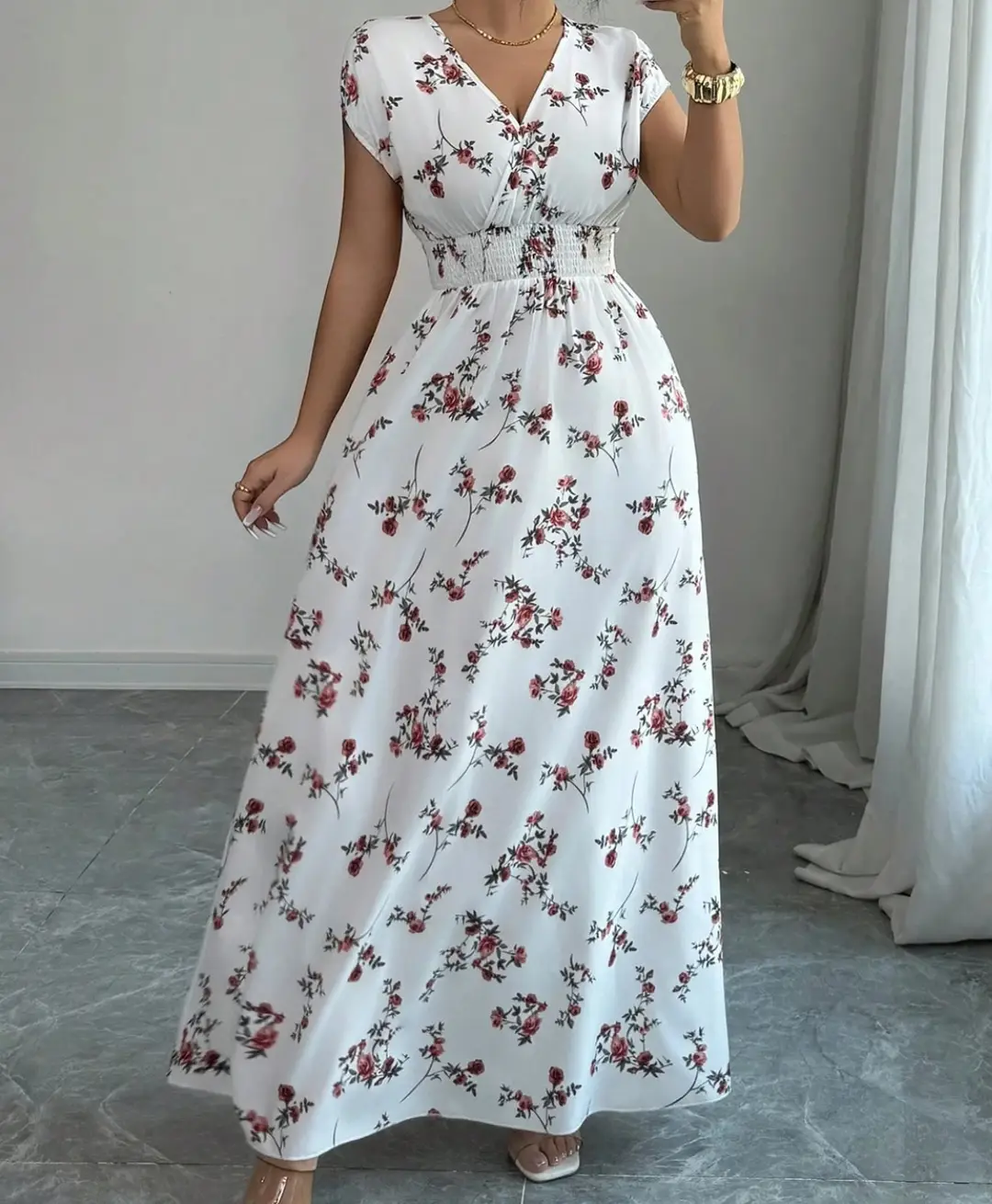 Short-sleeved Lace-up dress Amazon New Printed V-neck Long Dress Cross-border Summer Waist Women's Wear