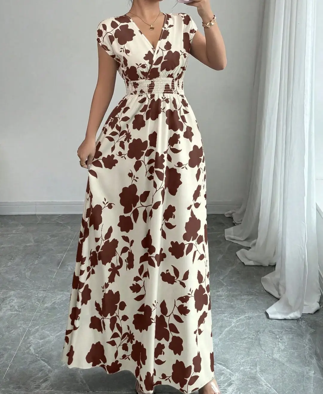 Short-sleeved Lace-up dress Amazon New Printed V-neck Long Dress Cross-border Summer Waist Women's Wear