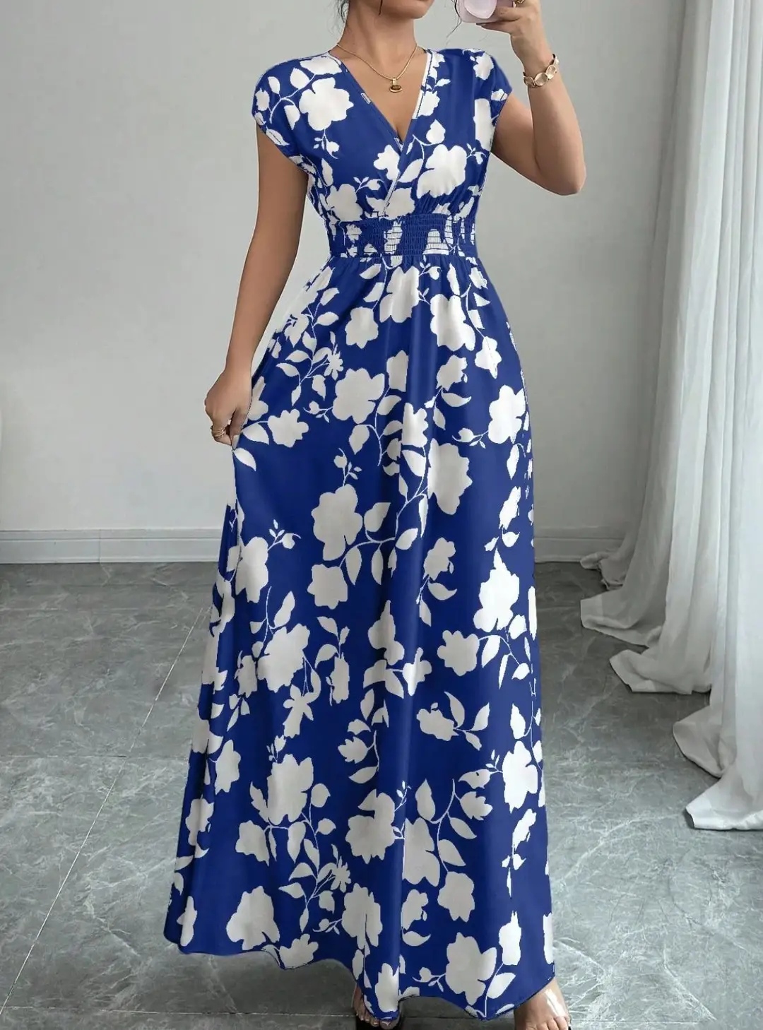 Short-sleeved Lace-up dress Amazon New Printed V-neck Long Dress Cross-border Summer Waist Women's Wear