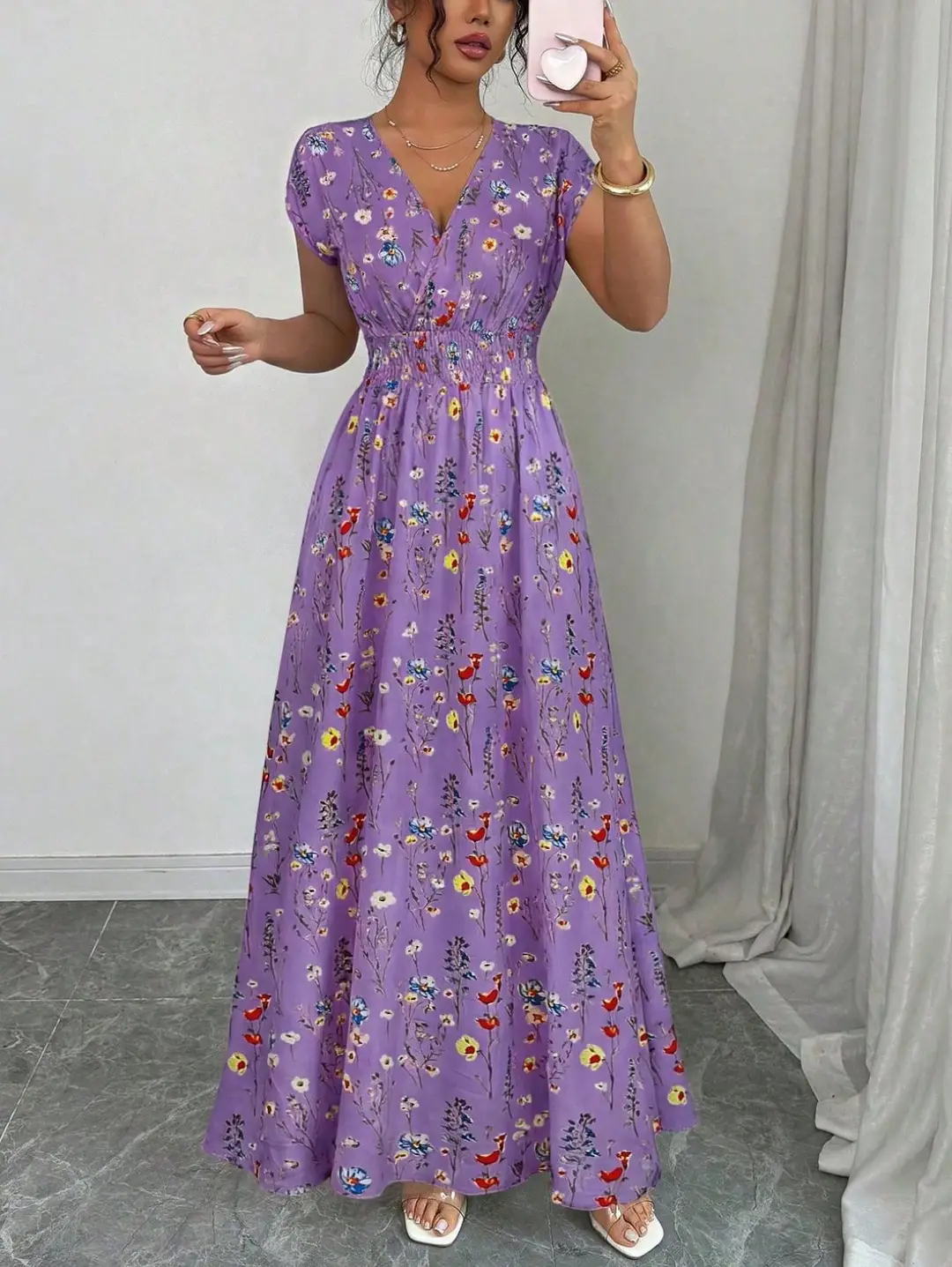 Short-sleeved Lace-up dress Amazon New Printed V-neck Long Dress Cross-border Summer Waist Women's Wear