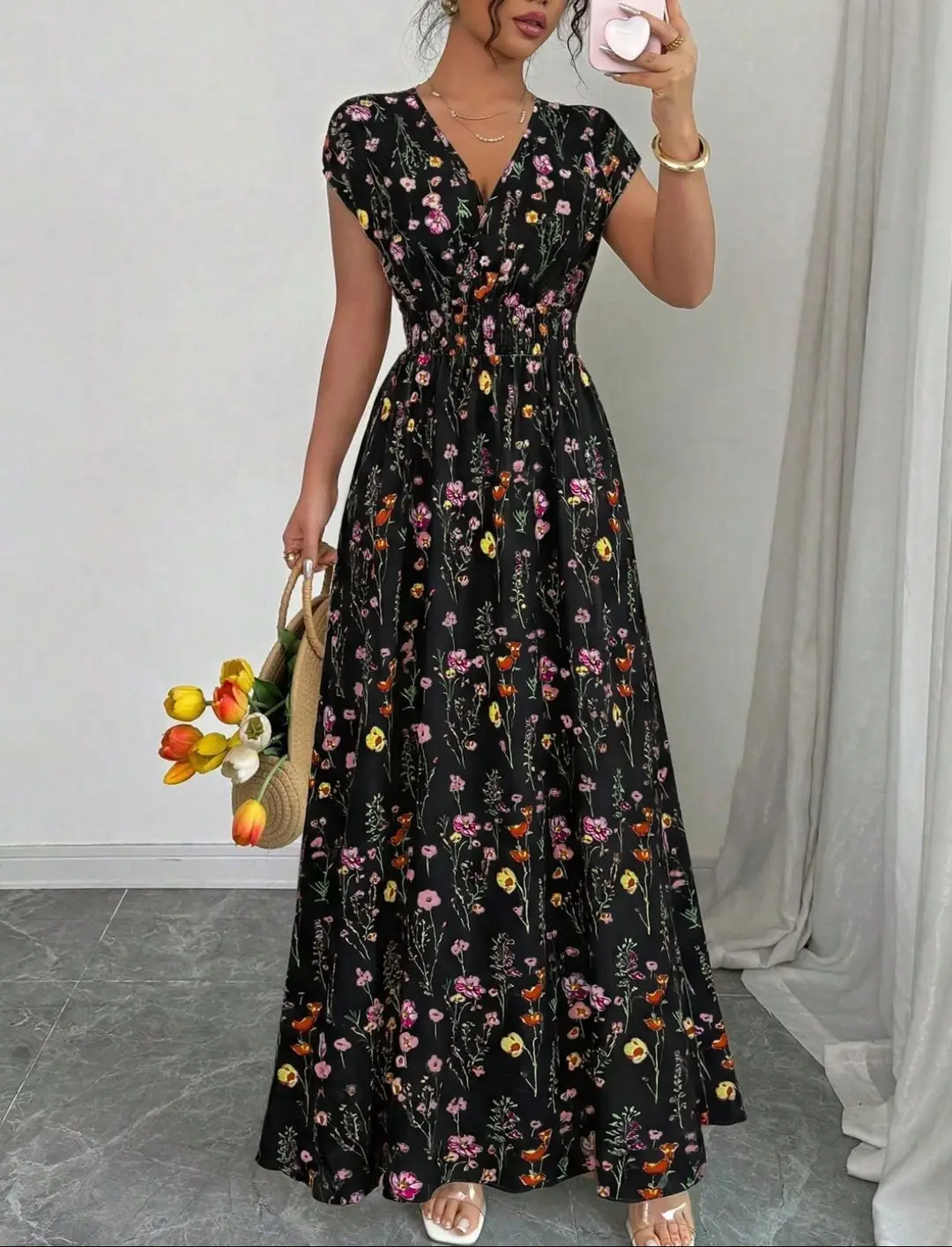 Short-sleeved Lace-up dress Amazon New Printed V-neck Long Dress Cross-border Summer Waist Women's Wear