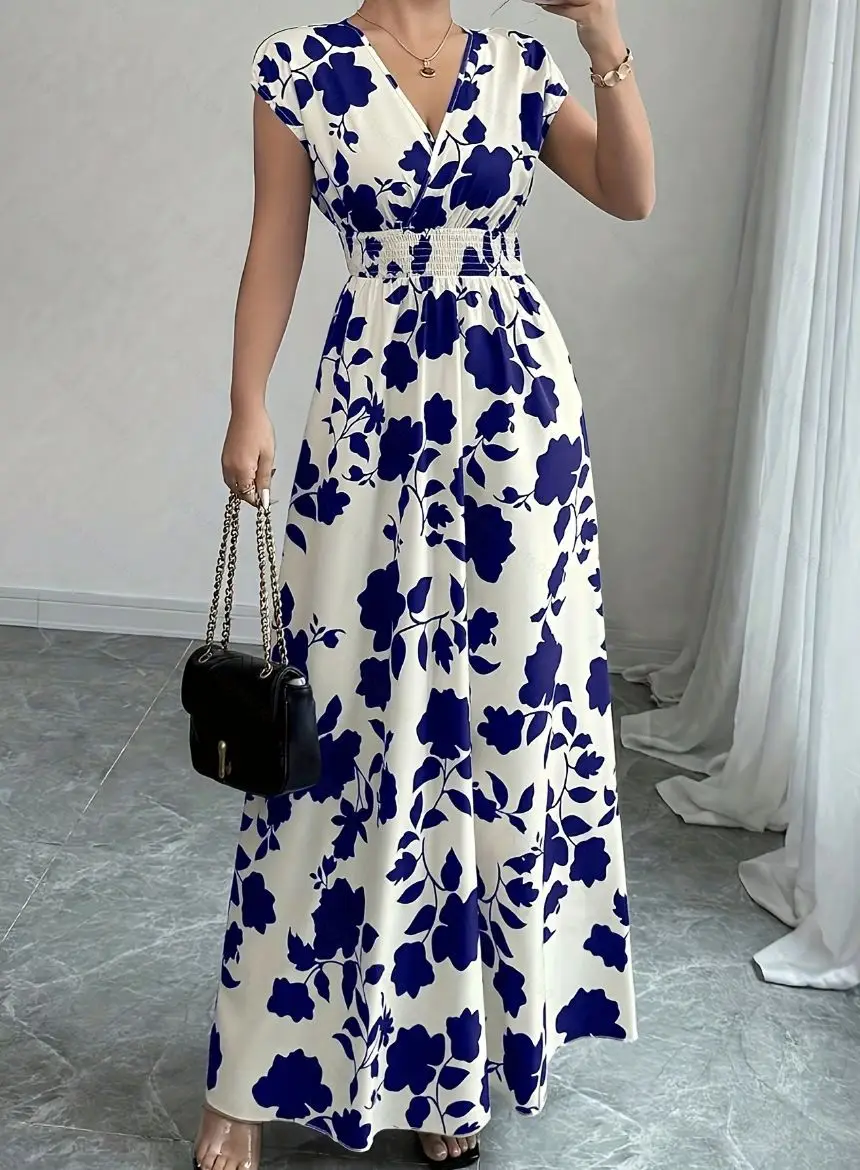 Short-sleeved Lace-up dress Amazon New Printed V-neck Long Dress Cross-border Summer Waist Women's Wear
