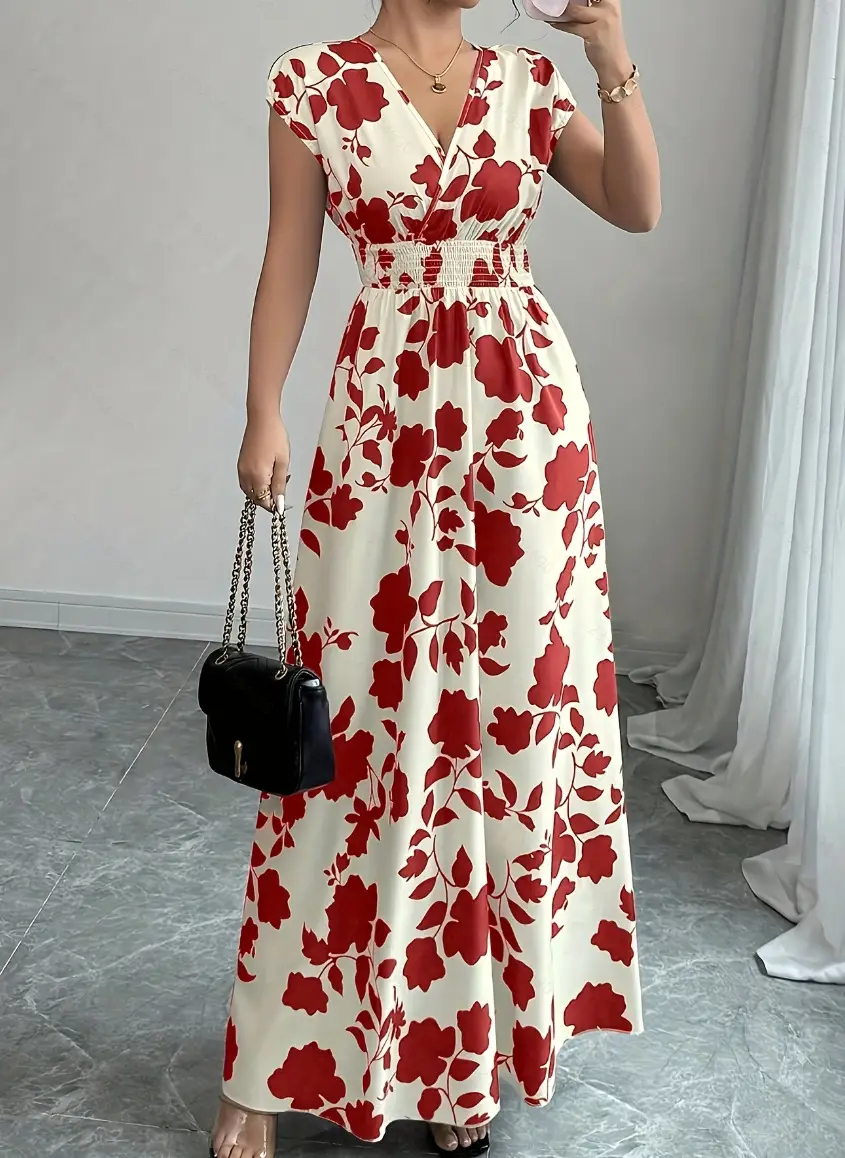 Short-sleeved Lace-up dress Amazon New Printed V-neck Long Dress Cross-border Summer Waist Women's Wear
