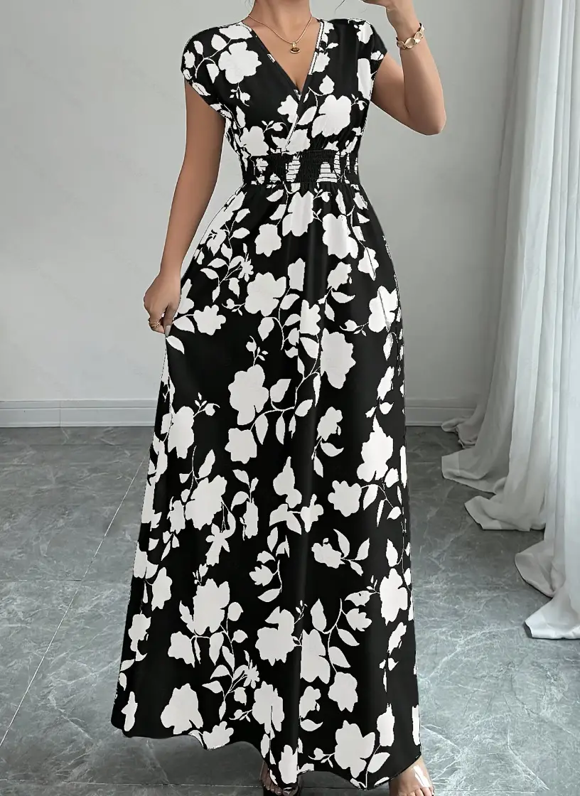 Short-sleeved Lace-up dress Amazon New Printed V-neck Long Dress Cross-border Summer Waist Women's Wear