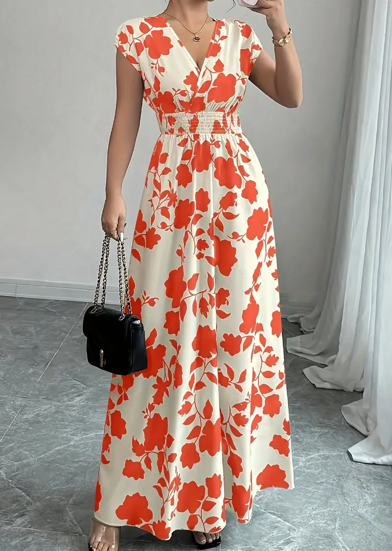 Short-sleeved Lace-up dress Amazon New Printed V-neck Long Dress Cross-border Summer Waist Women's Wear
