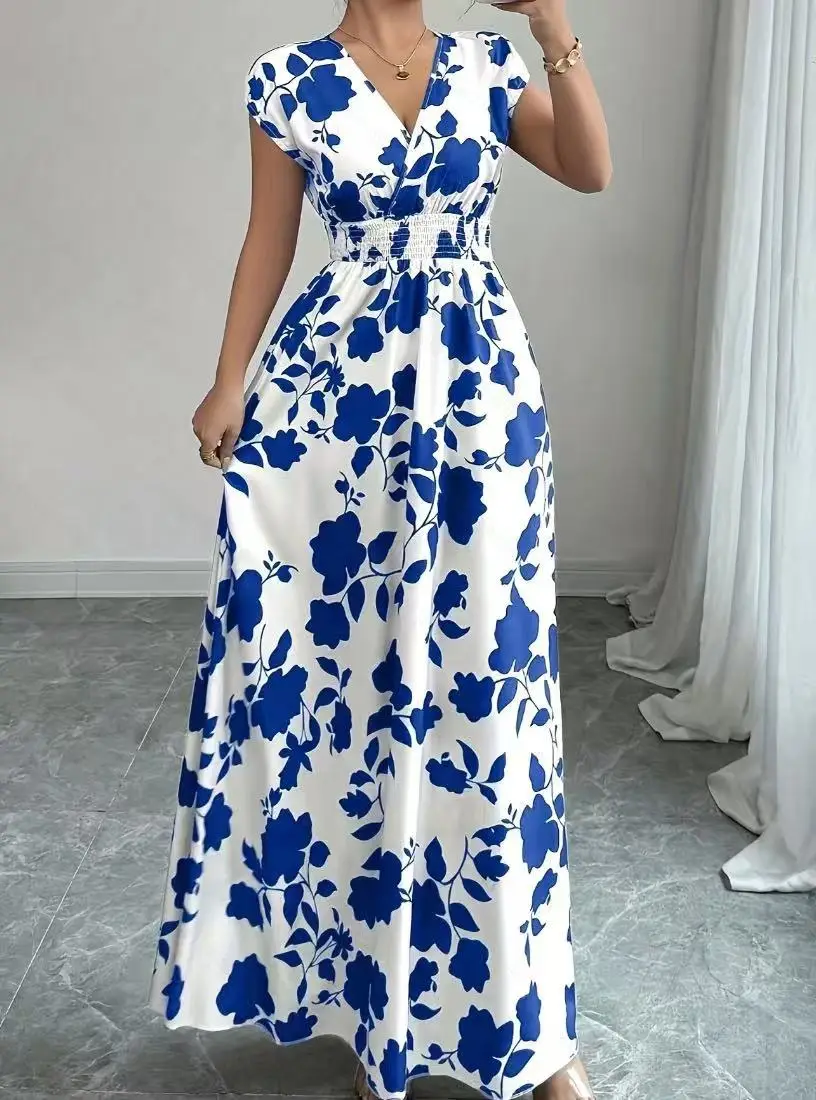 Short-sleeved Lace-up dress Amazon New Printed V-neck Long Dress Cross-border Summer Waist Women's Wear