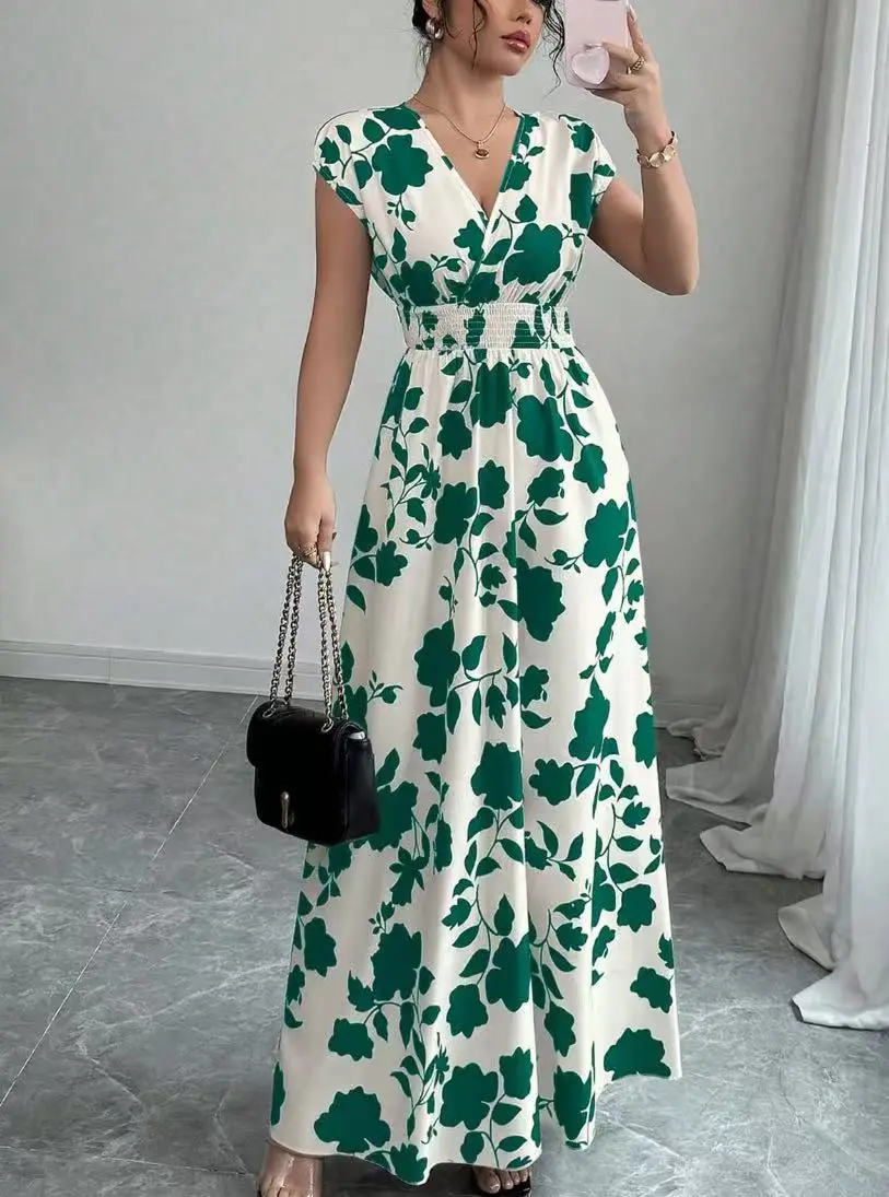 Short-sleeved Lace-up dress Amazon New Printed V-neck Long Dress Cross-border Summer Waist Women's Wear