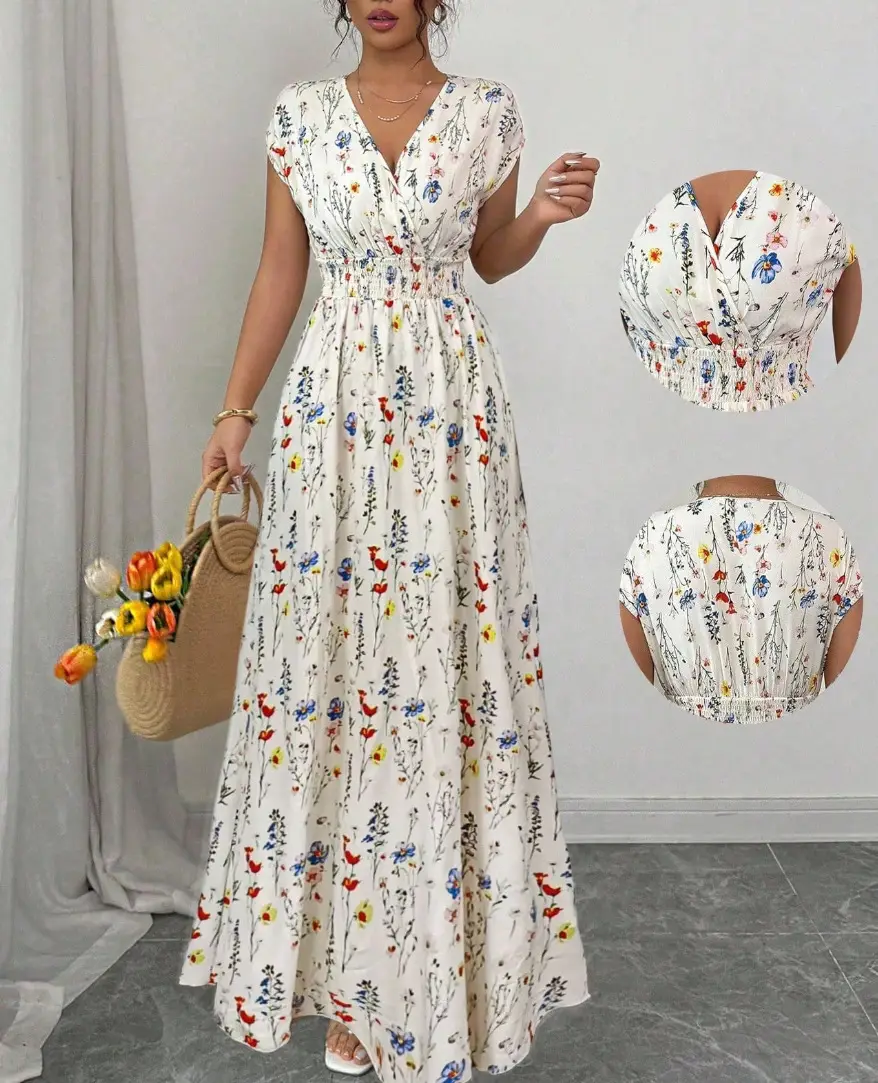 Short-sleeved Lace-up dress Amazon New Printed V-neck Long Dress Cross-border Summer Waist Women's Wear