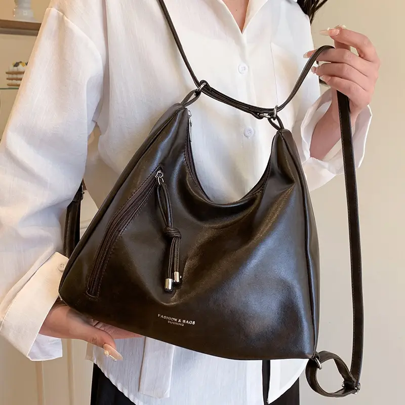 Women Brown Leather Shoulder Bag Large Capacity Retro Casual - Image 5