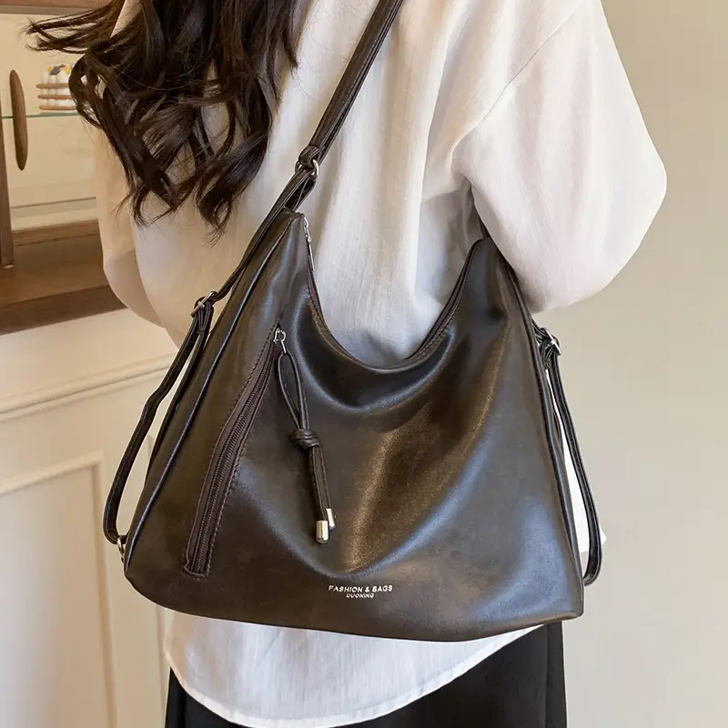 Women Brown Leather Shoulder Bag Large Capacity Retro Casual - Image 6