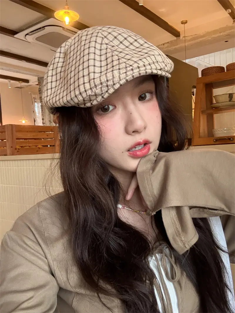 Korean Style Plaid Forward Hat for Girls — feature 1