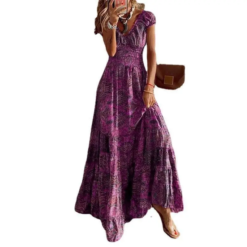 Women's Long Sleeve Floral Print Maxi Dress Grey