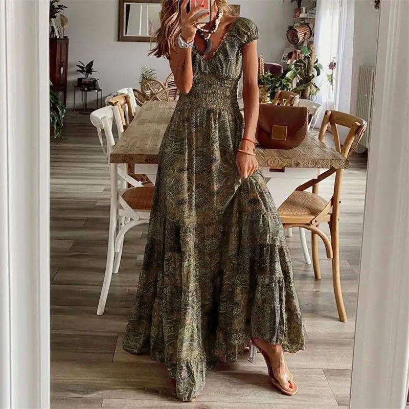 Women's Long Sleeve Floral Print Maxi Dress Grey