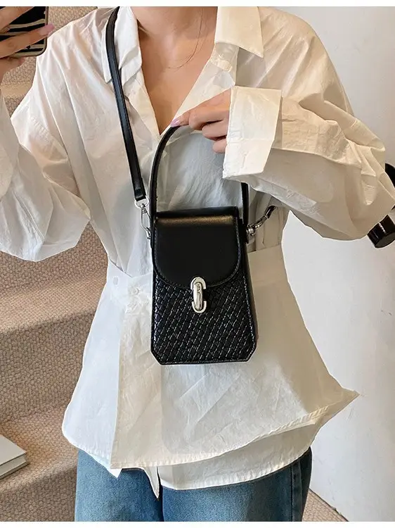 Women Crossbody Phone Bag with Adjustable Strap, Beige Leather & Mesh Design