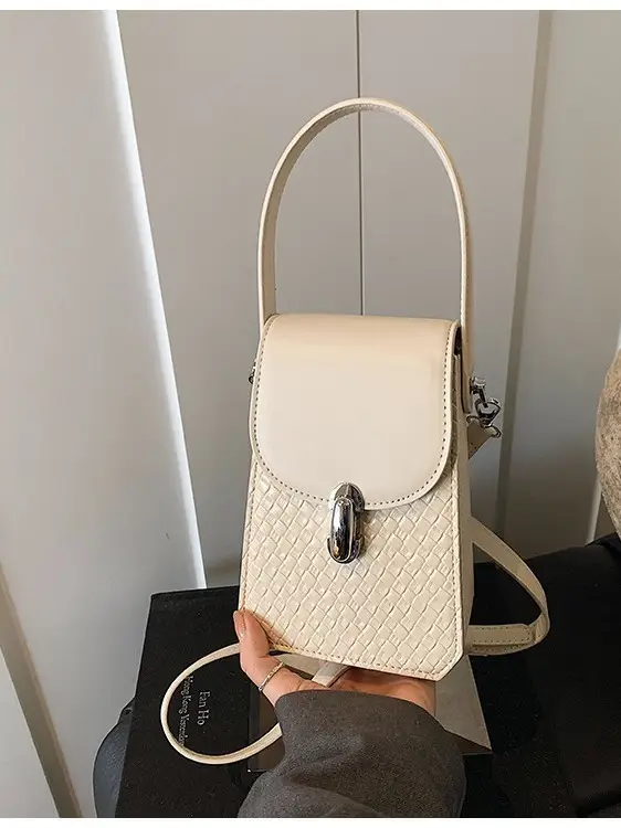 Women Crossbody Phone Bag with Adjustable Strap, Beige Leather & Mesh Design