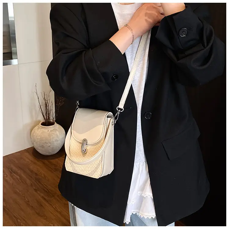 Women Crossbody Phone Bag with Adjustable Strap, Beige Leather & Mesh Design — feature 23