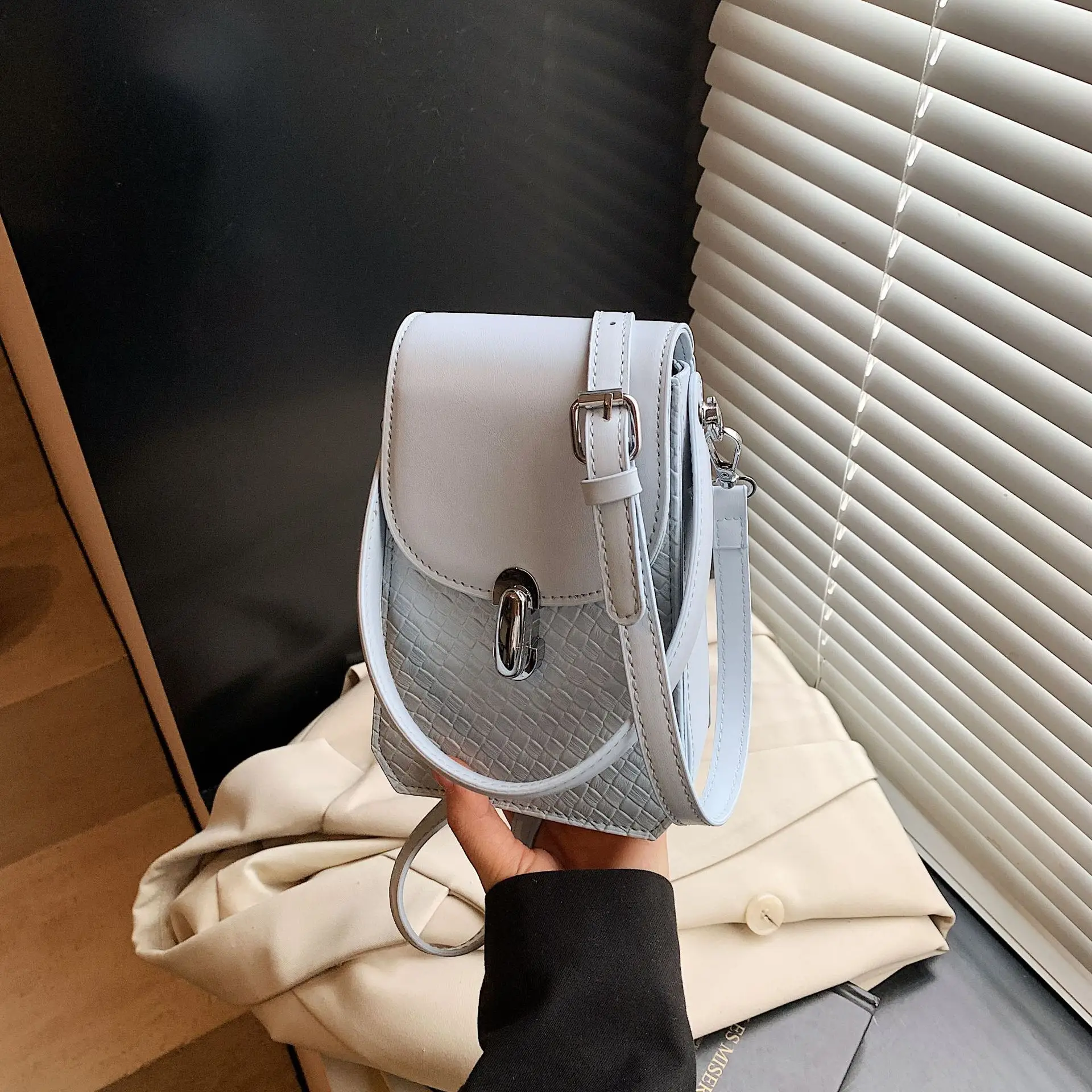Women Crossbody Phone Bag with Adjustable Strap, Beige Leather & Mesh Design