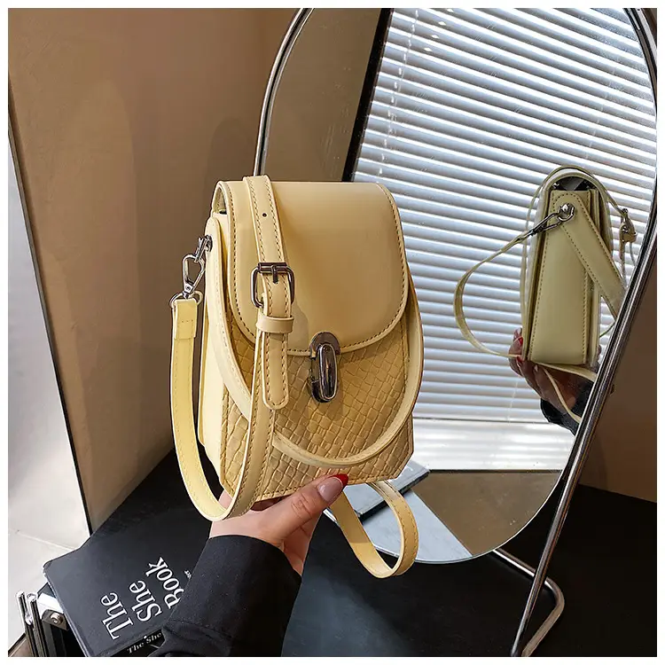 Women Crossbody Phone Bag with Adjustable Strap, Beige Leather & Mesh Design