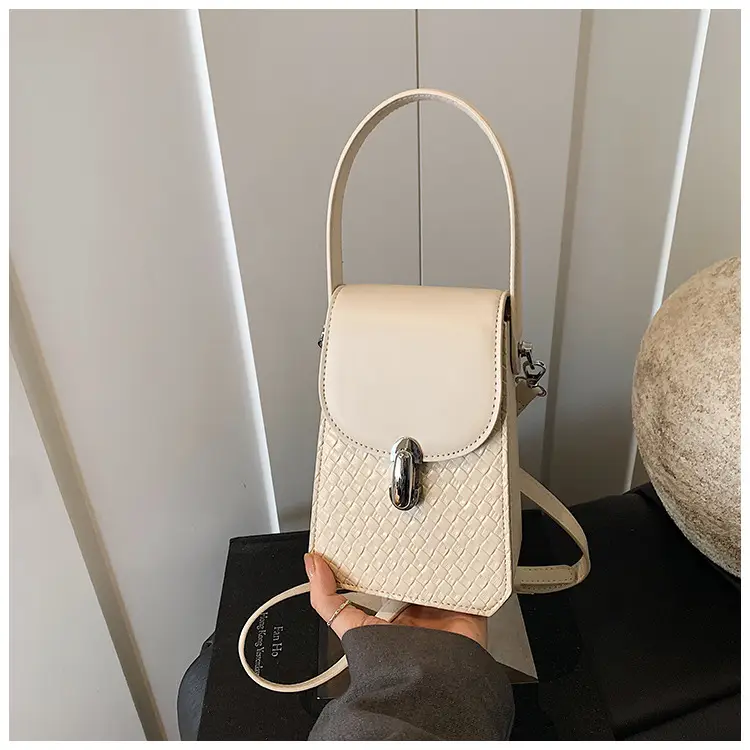 Women Crossbody Phone Bag with Adjustable Strap, Beige Leather & Mesh Design