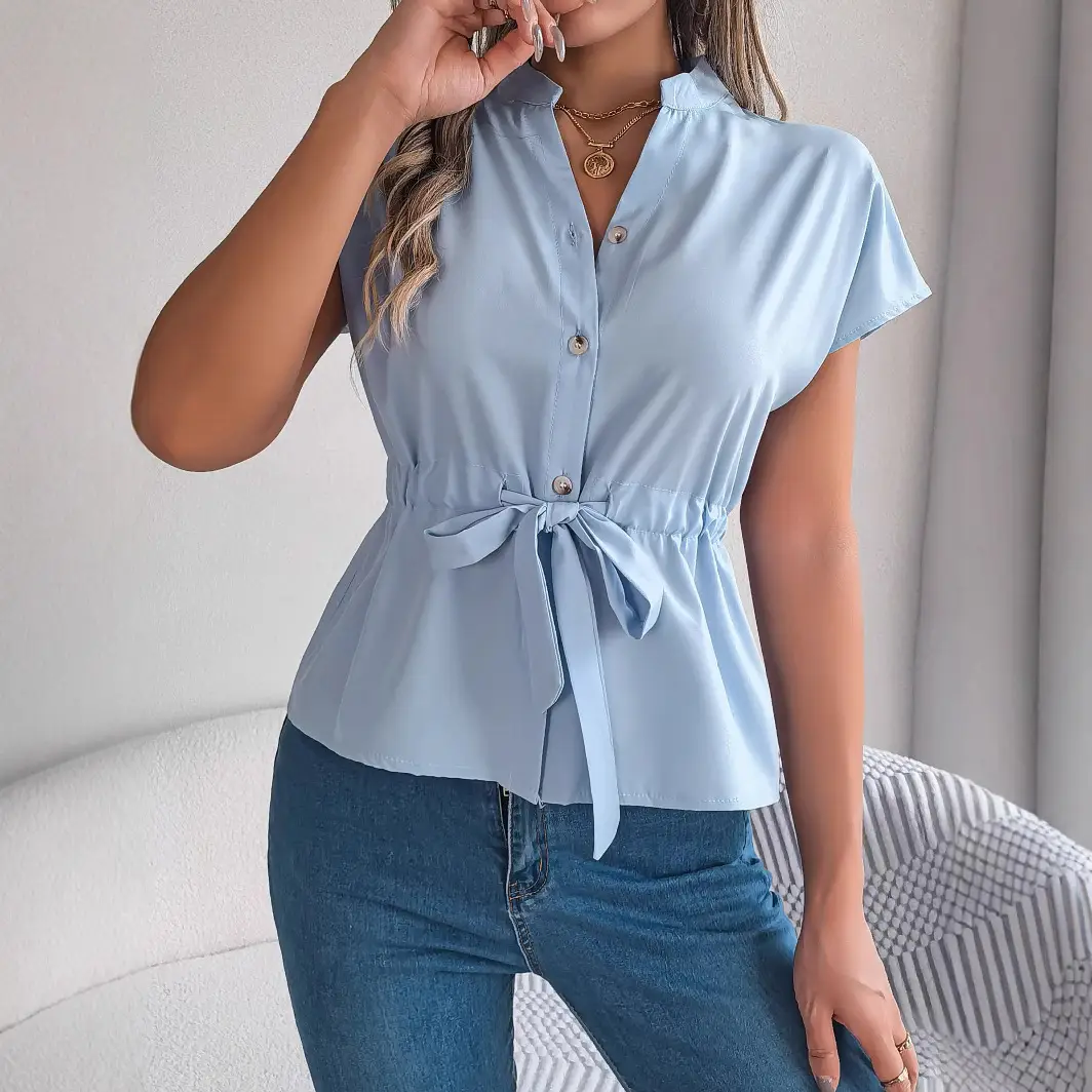 2026 Summer V-Neck Button Shirt Belted Women - Image 6
