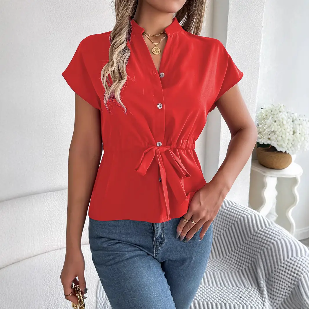 2026 Summer V-Neck Button Shirt Belted Women - Image 7
