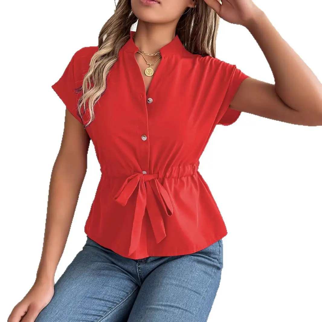 2026 Summer V-Neck Button Shirt Belted Women - Image 8