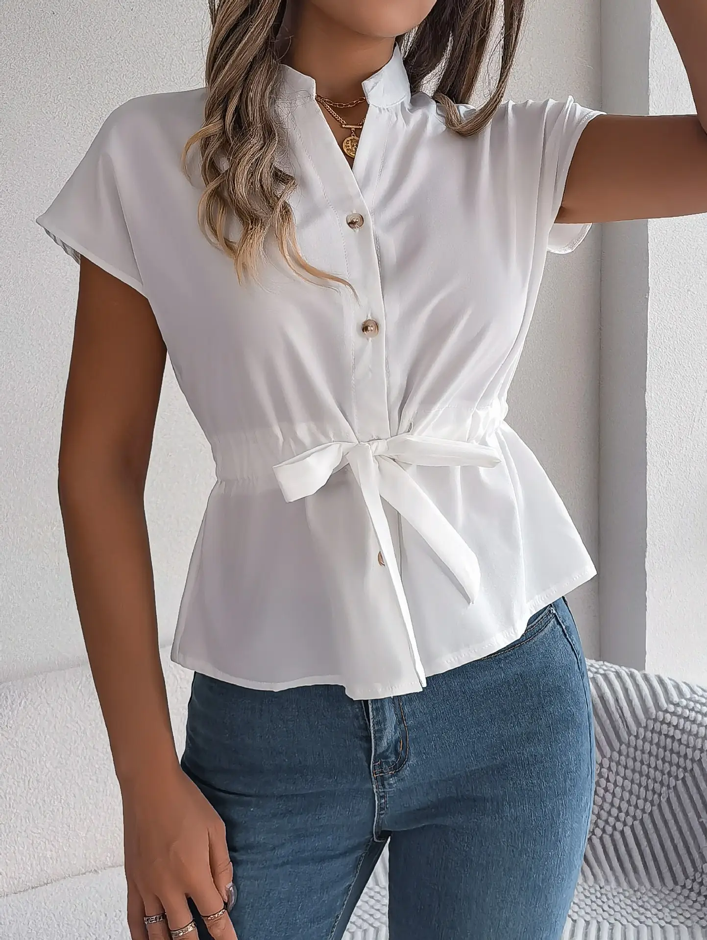 2026 Summer V-Neck Button Shirt Belted Women — feature 27